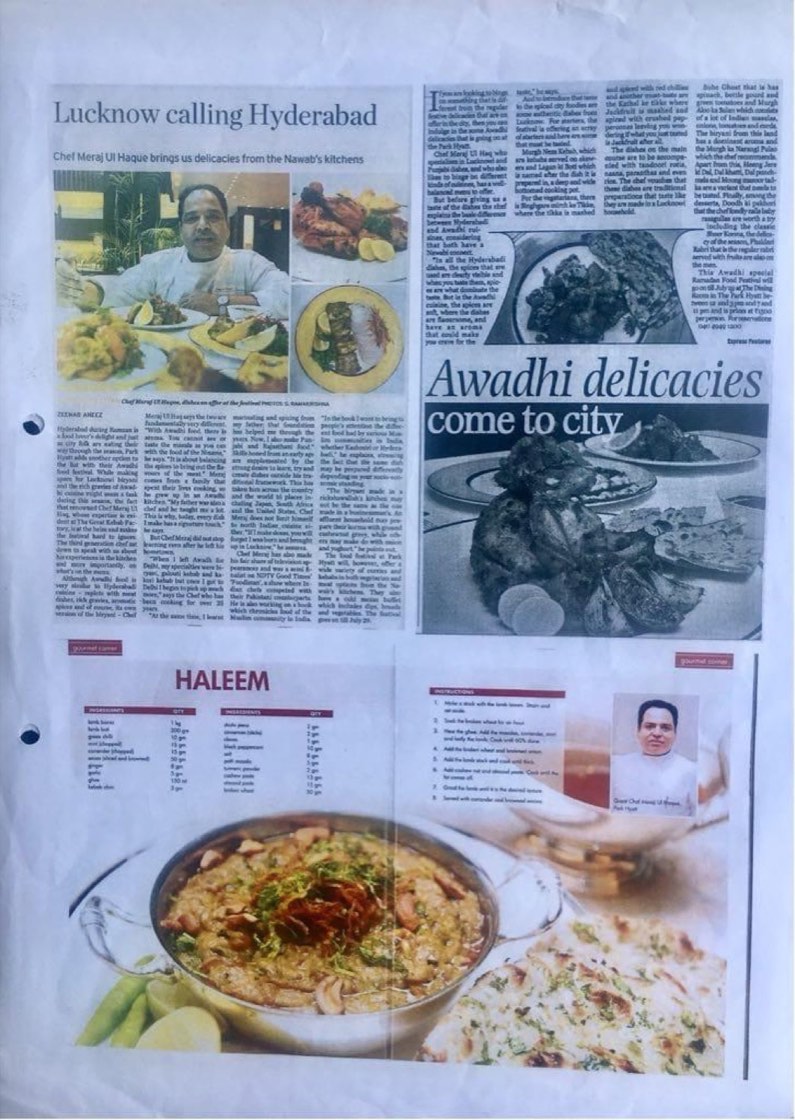 Article 'Awadhi delicacies come to city' about Chef Meraj Ul Haque