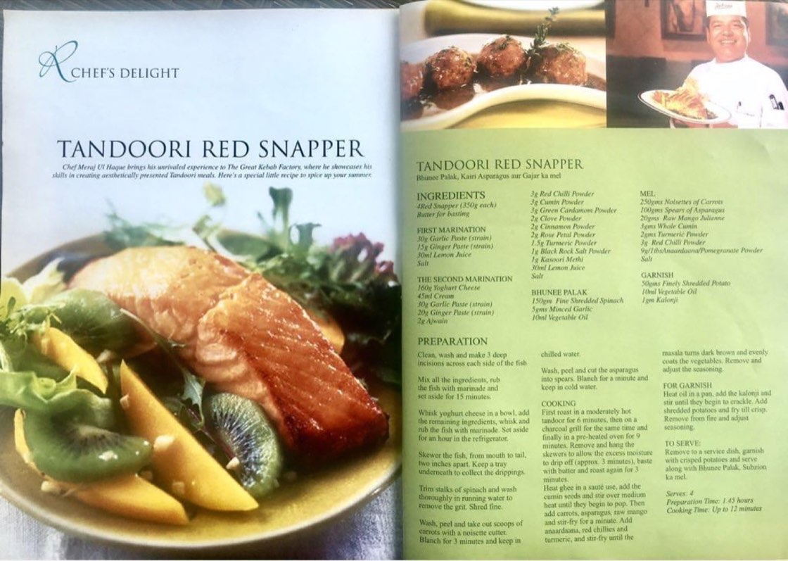 Magazine 'Chef's Delight' feature and recipe by Chef Meraj Ul Haque